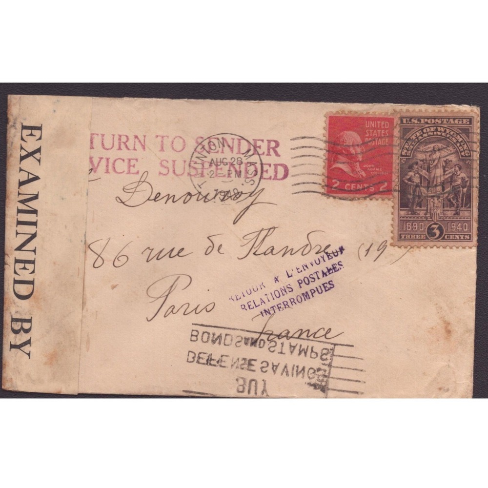 WWII 1941 Censored Cover Raynham MA to Paris France Service Suspended Stamps - Picture 1 of 2